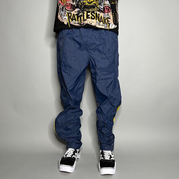 Vintage 90s Nike Track Pants Mens M Navy Blue Nylon Yellow Grey Ankle Swoosh - Picture 2 of 4